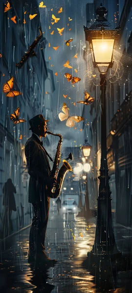 romantic anime boy wallpaper — rain, bug, instrument, butterfly (free 4K phone download)