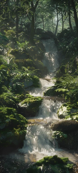 serene fusion wallpaper — nature, scenery, forest, waterfall (free 4K phone download)