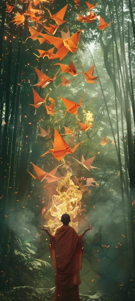 magical anime boy wallpaper — nature, forest, origami, paper crane (free 4K phone download)