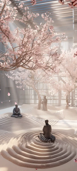 serene fusion wallpaper — cherry blossoms, sunlight, japanese clothes, tree (free 4K phone download)