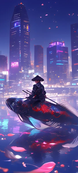 futuristic fusion wallpaper — fish, city, hat, night (free 4K phone download)