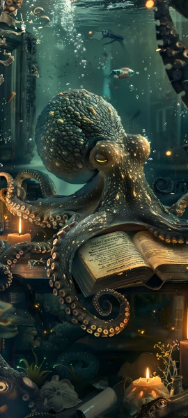 whimsical fusion wallpaper — candle, underwater, book, fish (free 4K phone download)