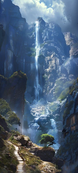serene fusion wallpaper — scenery, waterfall, cloud, tree (free 4K phone download)