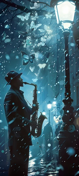whimsical anime boy wallpaper — bug, instrument, butterfly, lamppost (free 4K phone download)