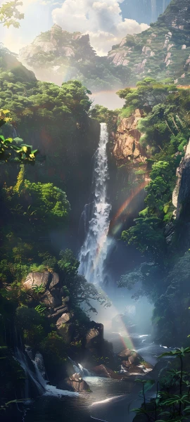 serene fusion wallpaper — scenery, waterfall, tree, cloud (free 4K phone download)