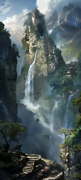 serene fusion wallpaper — scenery, waterfall, stairs, tree (free 4K phone download)