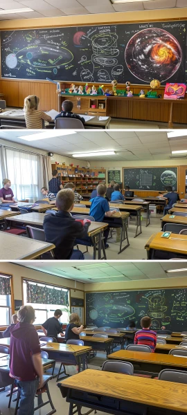 whimsical fusion wallpaper — chalkboard, classroom, multiple boys, desk (free 4K phone download)