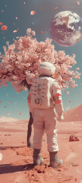 dreamy anime boy wallpaper — planet, astronaut, spacesuit, cherry blossoms (free 4K phone download)
