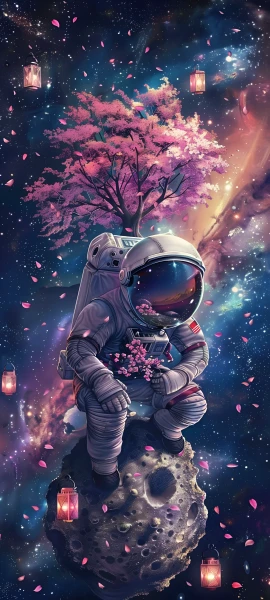 dreamy fusion wallpaper — cherry blossoms, helmet, spacesuit, star (sky) (free 4K phone download)
