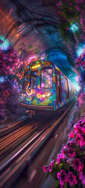 dreamy fusion wallpaper — flower, scenery, railroad tracks, pink flower (free 4K phone download)