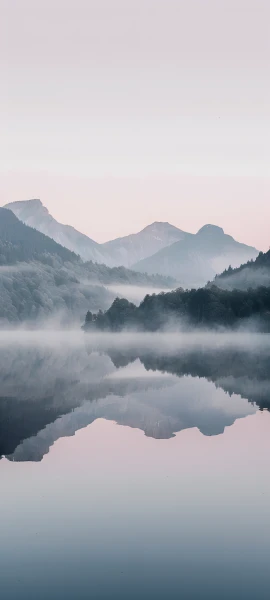 serene fusion wallpaper — fog, scenery, mountain, reflection (free 4K phone download)