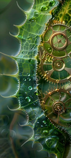 futuristic fusion wallpaper — gears, green theme, bubble, clock (free 4K phone download)