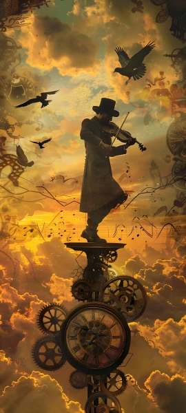 epic anime boy wallpaper — bird, violin, hat, cloud (free 4K phone download)