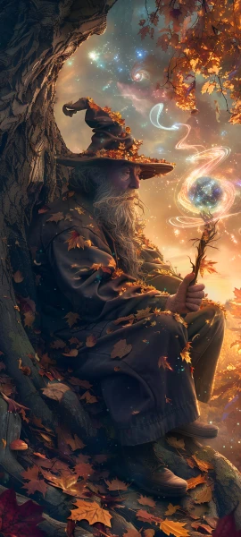 magical anime boy wallpaper — beard, hat, autumn leaves (free 4K phone download)