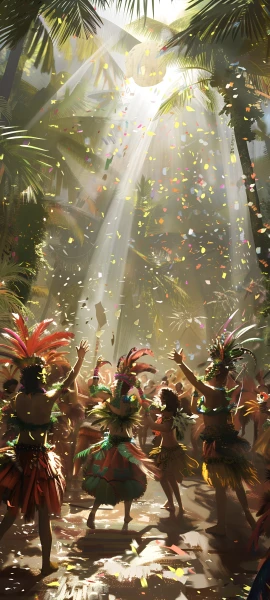 magical fusion wallpaper — confetti, palm tree, multiple girls, tree (free 4K phone download)