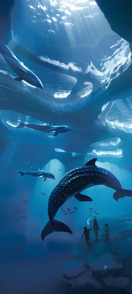 futuristic anime girl wallpaper — underwater, fish, light rays, scenery (free 4K phone download)