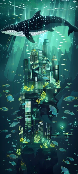 futuristic fusion wallpaper — fish, whale, scenery, underwater (free 4K phone download)