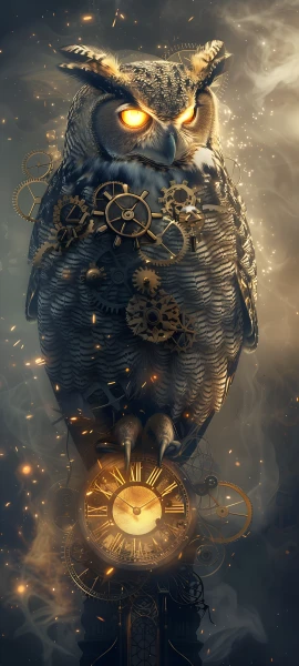 epic fusion wallpaper — gears, owl, bird, glowing (free 4K phone download)