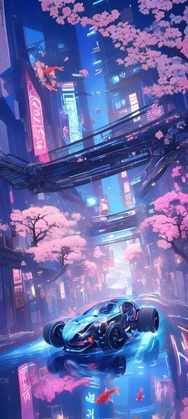 futuristic anime girl wallpaper — cherry blossoms, fish, motor vehicle, motorcycle (free 4K phone download)