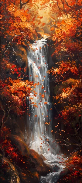 painterly fusion wallpaper — autumn leaves, waterfall, tree, water (free 4K phone download)