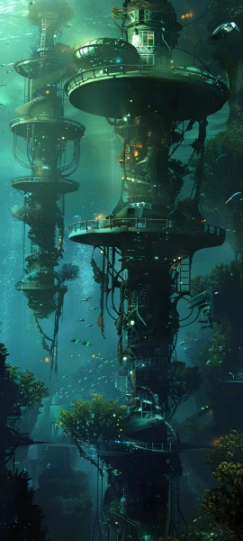 futuristic fusion wallpaper — scenery, underwater, fish, tree (free 4K phone download)