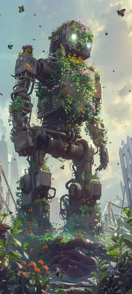 epic fusion wallpaper — robot, flower, bug, overgrown (free 4K phone download)