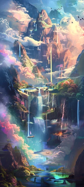 magical fusion wallpaper — scenery, cloud, waterfall, bird (free 4K phone download)