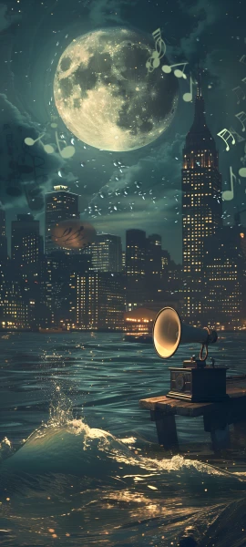 futuristic fusion wallpaper — moon, musical note, night, scenery (free 4K phone download)