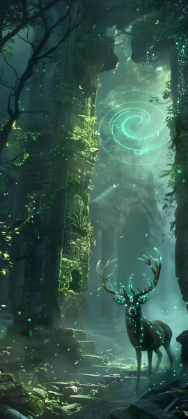 magical fusion wallpaper — deer, scenery, ruins, antlers (free 4K phone download)