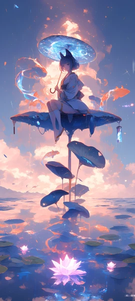 serene anime girl wallpaper — umbrella, lily pad, animal ears (free 4K phone download)