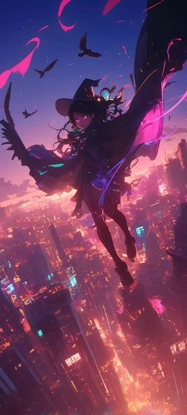 magical anime girl wallpaper — hat, witch hat, bird (free 4K phone download)