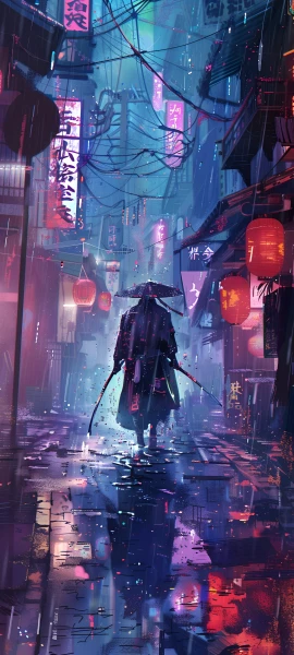 futuristic anime boy wallpaper — rain, weapon, sword, hat (free 4K phone download)