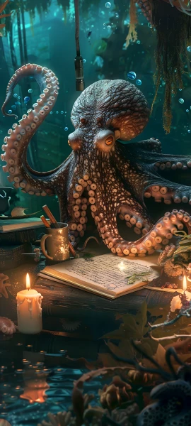 whimsical fusion wallpaper — candle, tentacles, underwater, book (free 4K phone download)