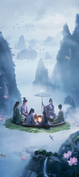 serene fusion wallpaper — flower, mountain, multiple boys, umbrella (free 4K phone download)
