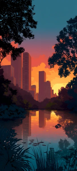 serene fusion wallpaper — tree, scenery, building, sunset (free 4K phone download)