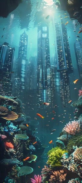 futuristic fusion wallpaper — fish, underwater, scenery, coral (free 4K phone download)