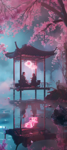 romantic anime girl wallpaper — cherry blossoms, reflection, tree, scenery (free 4K phone download)