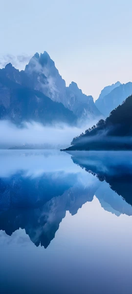 serene fusion wallpaper — scenery, mountain, reflection, fog (free 4K phone download)