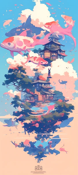 serene fusion wallpaper — fish, tree, cloud, scenery (free 4K phone download)