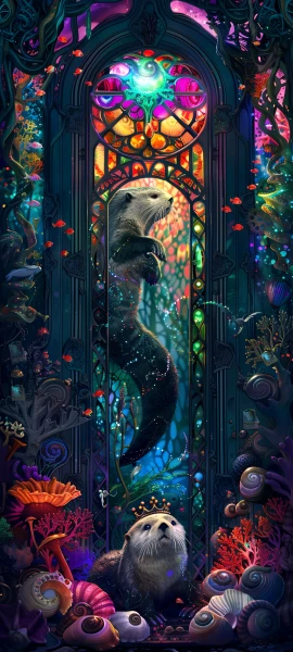 whimsical fusion wallpaper — stained glass, coral, shell, fish (free 4K phone download)