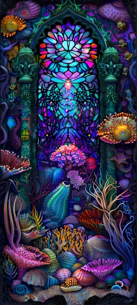 whimsical fusion wallpaper — stained glass, coral, shell, fish (free 4K phone download)