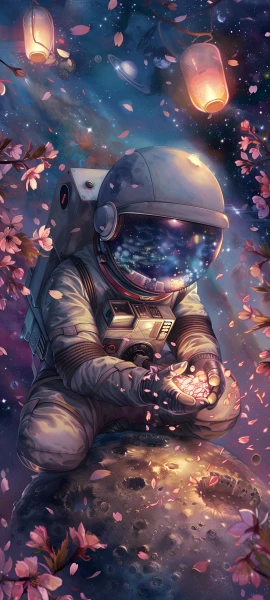 dreamy anime boy wallpaper — helmet, astronaut, cherry blossoms, spacesuit (free 4K phone download)