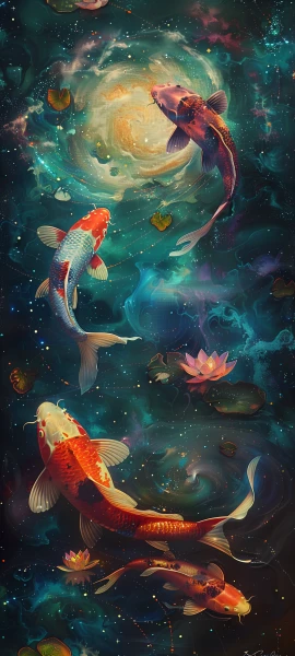 whimsical fusion wallpaper — fish, koi, lily pad, water (free 4K phone download)