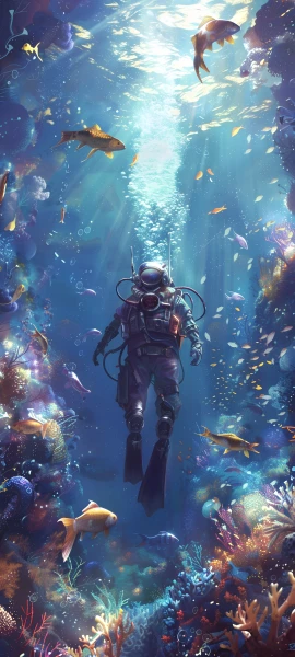 futuristic anime boy wallpaper — underwater, fish, coral, 1other (free 4K phone download)