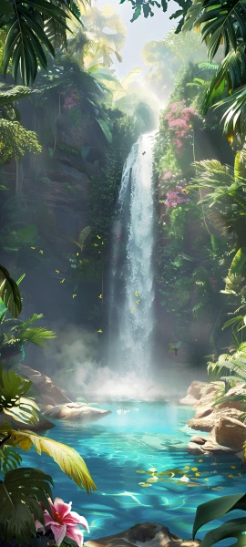 serene fusion wallpaper — waterfall, scenery, flower, water (free 4K phone download)