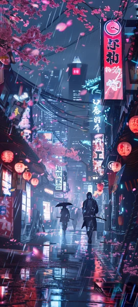 futuristic fusion wallpaper — rain, cherry blossoms, night, umbrella (free 4K phone download)