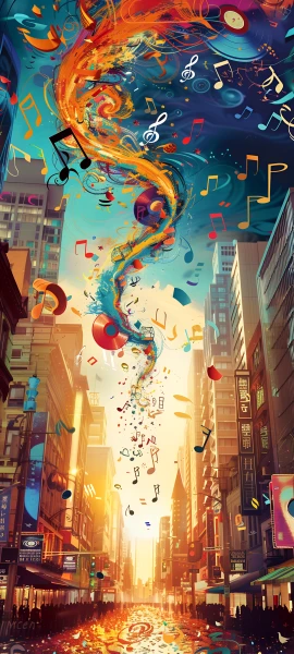 whimsical fusion wallpaper — musical note, city, building, cityscape (free 4K phone download)