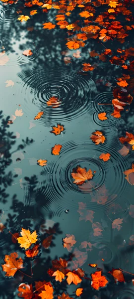 serene fusion wallpaper — leaf, ripples, autumn leaves, reflection (free 4K phone download)