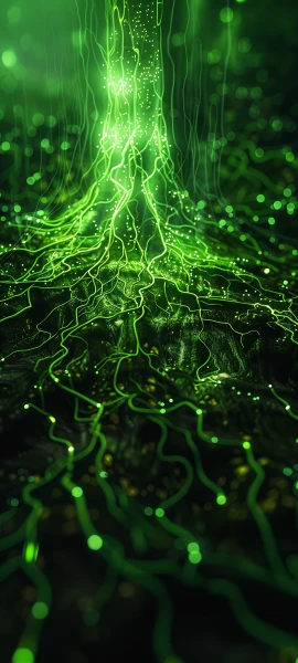 futuristic fusion wallpaper — green theme, scenery, light particles, glowing (free 4K phone download)