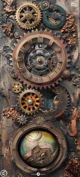 vintage fusion wallpaper — gears, clock, roman numeral, scenery (free 4K phone download)